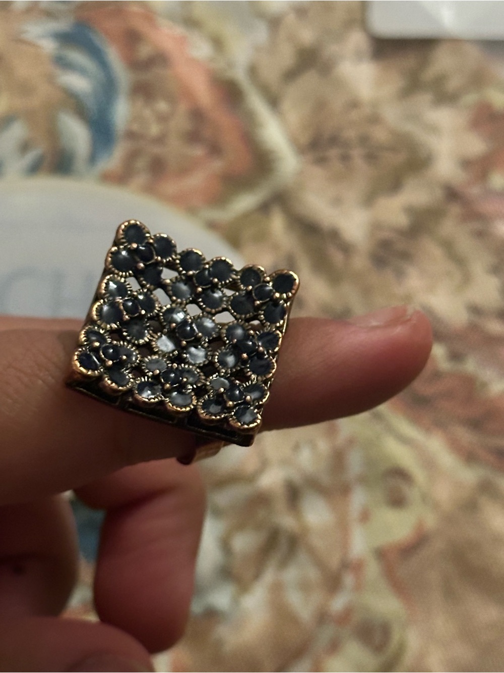 Gold-Tone Floral Cluster Ring with Navy Stones